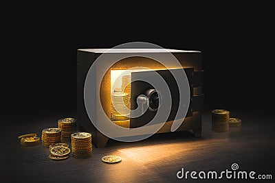 Steel bank safe on a dark background Stock Photo