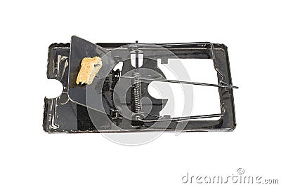 Steel mouse trap and bait, dirty mouse trap isolated on white background Stock Photo