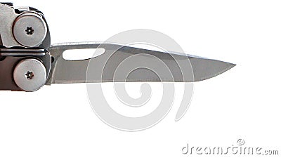 A steel multi-tool with an open knife blade lies on a white background. Pocket open folding knife. Portable multitasking Stock Photo