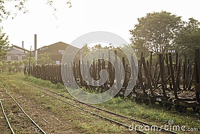 A steel old train for load freshly harvested sugarcane on sugar factory in Solo, Indonesia Stock Photo