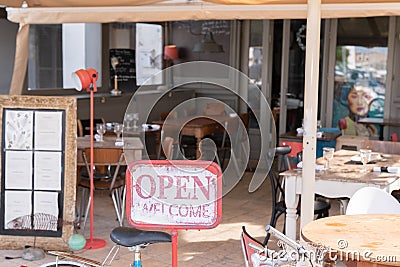 Steel open sign board metal on restaurant cafe Open signboard Stock Photo