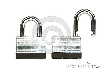 Steel Padlock Both Locked and Unlocked on White Stock Photo