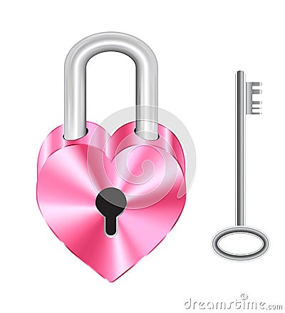 Steel pink heart shape master key lock and steel key Vector Illustration