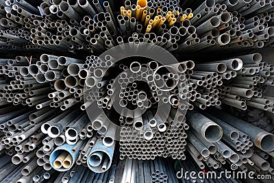 Steel pipe circle in warehouse. Stock Photo