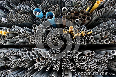 Steel pipe circle in warehouse. Stock Photo