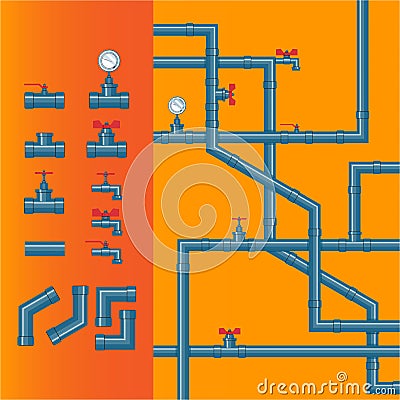 Steel pipe on orange background with manometr and wate tap Vector Illustration