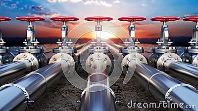 Steel pipes are laid in far away towards to a sunset landscape, pipeline concept, Cartoon Illustration