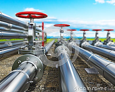 Steel pipes with red valves on close up are stretching towards to horizon on a lanscape background, pipeline concept, 3d Cartoon Illustration