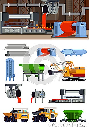 Steel Production Flat Icons Set Vector Illustration