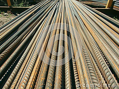 Steel Rebar Background with Construction Copyspace. Steel rebar for reinforcement concrete at construction site Stock Photo
