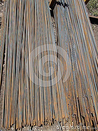 Steel Rebar Background with Construction Copyspace. Steel rebar for reinforcement concrete at construction site Stock Photo