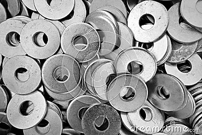 Steel ring circle, metal shining washers background Stock Photo