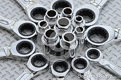 Steel Socket Set and Wrenches Stock Photo