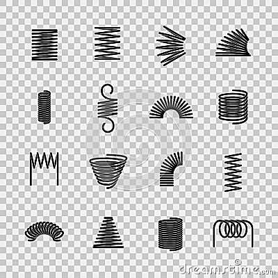 Steel spring. Spiral coil flexible steel wire springs shape. Absorbing pressure equipment line vector icons Vector Illustration