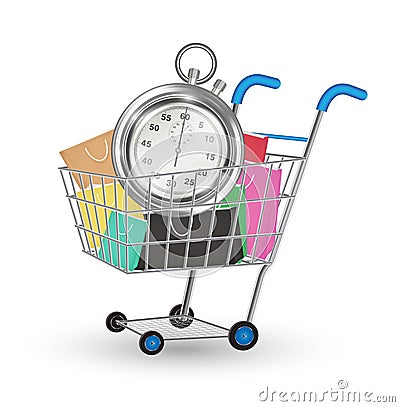 Steel stopwatch and bag on a shopping cart Vector Illustration