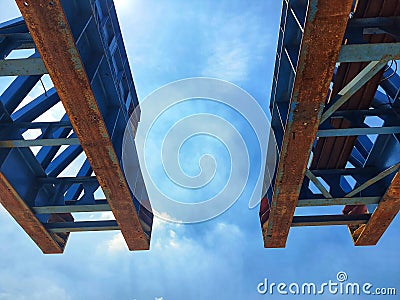 This is the steel structure of a launcher gantry that will be used for erection precast concrete I Girder Stock Photo