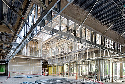 Steel stud construction on the interior of a modern office building. Stock Photo