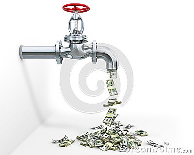 A steel tap with money dripping from it and falling down, pipeline concept, white background, Cartoon Illustration