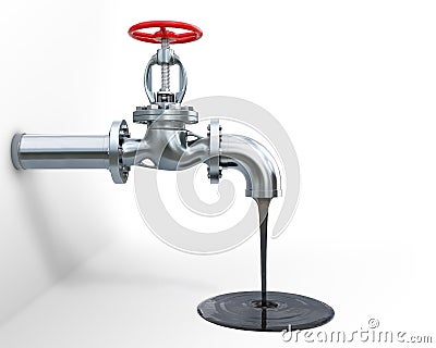A steel tap with running oil, flowing in a puddle on the ground, on white background, pipeline concept, Cartoon Illustration