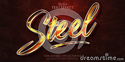 Steel text effect, editable silver and gold text style on red grunge canvas background Vector Illustration