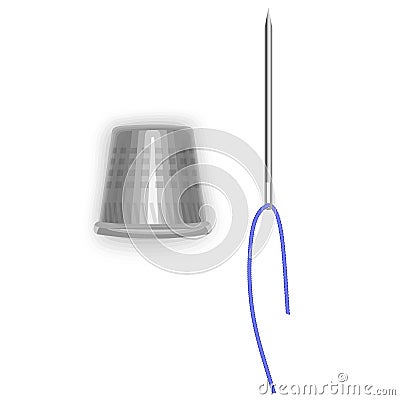 Steel thimble and needle for sewing. Vector illustration isolated on white background Vector Illustration