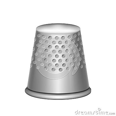 Steel thimble for needlework and sewing realistic item. Tool for needle work, dressmaking tailoring Vector Illustration