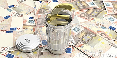 Steel trash can on euro banknotes background. 3d illustration Cartoon Illustration