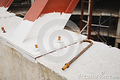 Steel welds. Close-up photo of the structure work of a large building. Welded steel works of steel structures. welding seam onto s Stock Photo