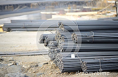 Steel work reinforcement,construction rebar. Close up steel armature . Stock Photo