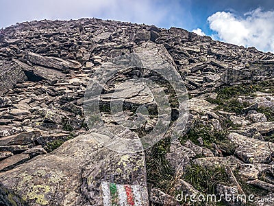 Steep rocky tourist route to Babia Mountain Peak, Beskid Zywiecki Mountains, Poland Stock Photo