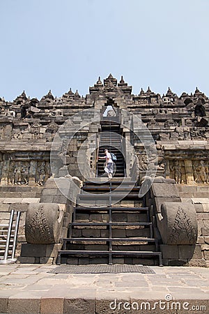 The steep staircase to the top of Borobudur temple Editorial Stock Photo