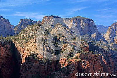 Zion National Park West Rim Trail and Horse Pasture Plateau from Angels Landing in Evening Light, Utah, USA Stock Photo