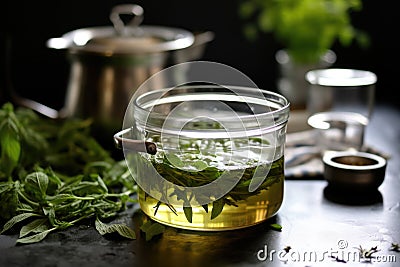 steeping peppermint tea in a glass pot Stock Photo