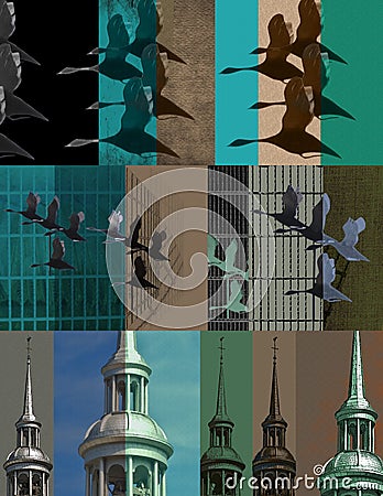 Steeple and birds photo montage Stock Photo