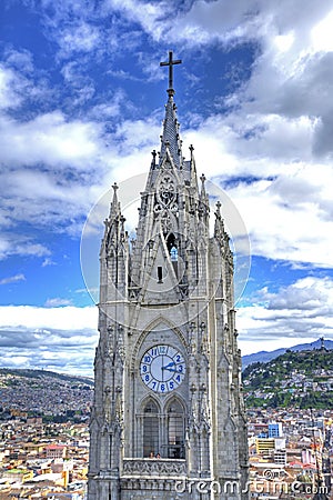 Steeple of the Quito Basilica church Editorial Stock Photo