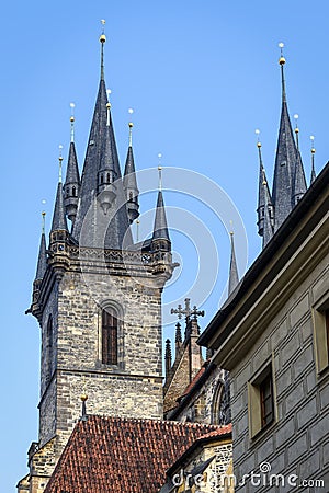 Steeples and spires of church of Mother of God before Tyn in Pra Stock Photo