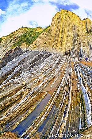 Steeply-tilted Layers of Flysch, Basque Coast UNESCO Global Geopark, Spain Stock Photo