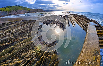 Steeply-tilted Layers of Flysch, Basque Coast UNESCO Global Geopark, Spain Stock Photo