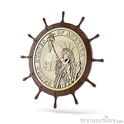 Steering ship wheel with dollar coin Stock Photo