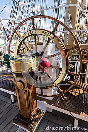 Steering wheel on Brazilian fullrigger Cisne Branco Editorial Stock Photo