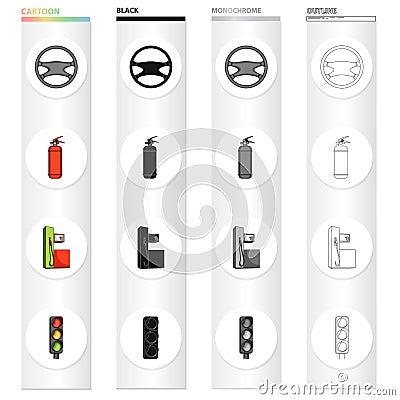 Steering wheel, fire extinguisher, gas station for the car, traffic light. Car and accessories set collection icons in Vector Illustration