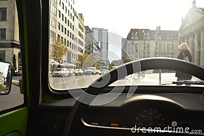 Steering wheel inside of Trabant 601 green vintage car street view in Berlin Germany Editorial Stock Photo