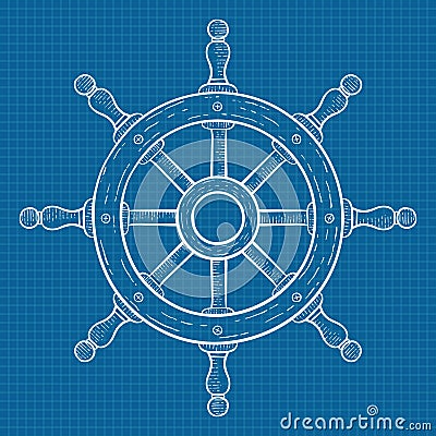 Steering wheel. Sketch on blueprint grid background Vector Illustration