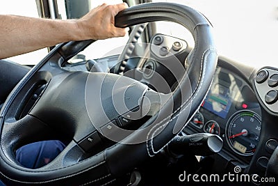 Steering wheel in a truck Stock Photo