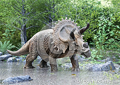 A stegosaurus dinosaur standing in water with woods background. Stock Photo