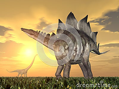 Stegosaurus and Mamenchisaurus Cartoon Illustration