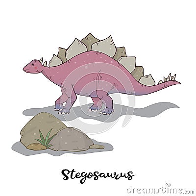 Stegosaurus and stone with plant isolated vector Vector Illustration