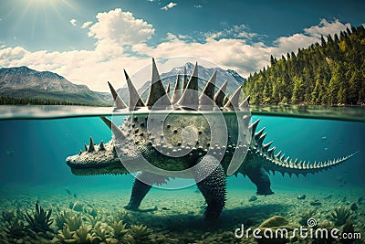 stegosaurus swimming in calm lake, its tail and spikes visible Stock Photo