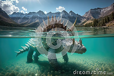 stegosaurus swimming in crystal-clear lake Stock Photo