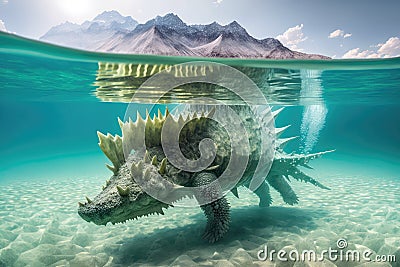 stegosaurus swimming in crystal-clear lake Stock Photo